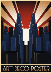 Art Deco Posters Style Illustration. Futuristic City, Skyscrapers, Spotlights, Geometric Shapes. Vector Template for Art Deco Placards, Covers, Illustrations
