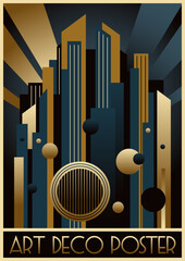 Art Deco Posters Style Illustration. Futuristic City, Skyscrapers, Spotlights, Geometric Shapes. Vector Template for Art Deco Placards, Covers, Illustrations
