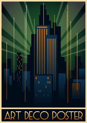 Art Deco Posters Style Illustration. Futuristic City, Skyscrapers, Spotlights, Geometric Shapes. Vector Template for Art Deco Placards, Covers, Illustrations