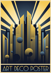 Art Deco Posters Style Illustration. Futuristic City, Skyscrapers, Spotlights, Geometric Shapes. Vector Template for Art Deco Placards, Covers, Illustrations