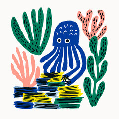 Colorful Abstract Illustration of Sea Life and Coral