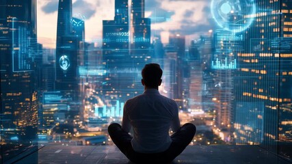 A businessman sits cross legged in a skyscraper, analyzing urban data visuals while overlooking a glowing cityscape at night - Powered by Adobe