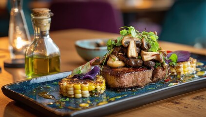 Gourmet Grilled Steak Medallions with Saut?ed Mushrooms, Corn, and Edible Flowers on Blue Plate, Warm Restaurant Light.