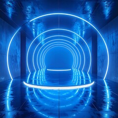 Futuristic, blue-lit tunnel with neon circles and reflective floor