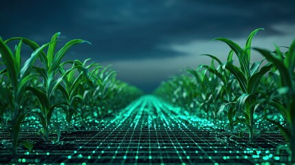A futuristic field of crops illuminated with a digital grid and glowing elements, blending nature and technology under a moody sky.