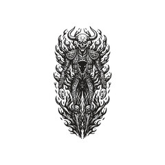 Skeleton bullfighter matador character illustration with horns and vintage engraving style on white background.