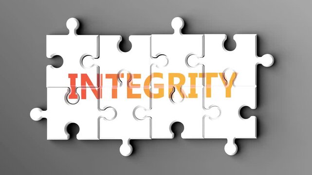 Integrity being a complex topic - puzzle pieces with word integrity coming together to make a whole. Integrity made of many fitting parts, a compound subject.