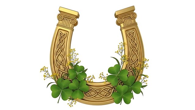 Golden horseshoe decorated with green shamrocks and yellow flowers isolated on white background for st patricks day st patricks day