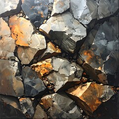 Abstract artwork of fractured rock surfaces with contrasting colors and textures