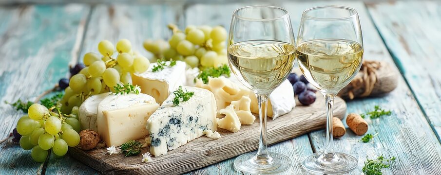 A delightful cheese platter accompanied by glasses of white wine and fresh grapes, set against a rustic wooden backdrop. - Powered by Adobe
