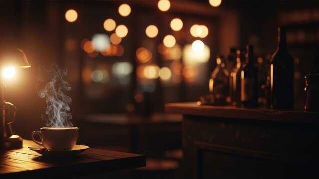 Cozy coffee cup on wooden table with steam rising in dimly lit cafe - Powered by Adobe