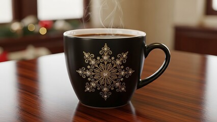 Steaming black coffee mug with elegant gold snowflake design on wooden table