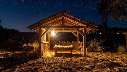 Wooden manger illuminated by a single light under a starry night sky