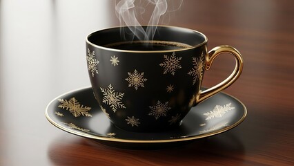 Steaming hot coffee in elegant black cup with gold snowflakes