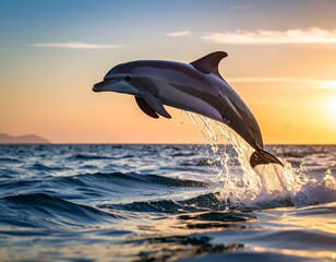 Jumping dolphin against a sunset sky over ocean waves with copy space