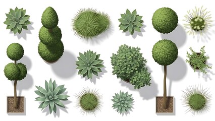 Collection of various green plants and trees in pots isolated on white background