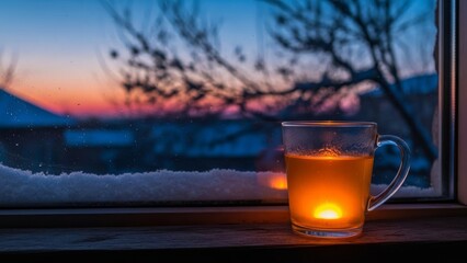 Cozy winter morning with steaming cup of tea on snowy windowsill