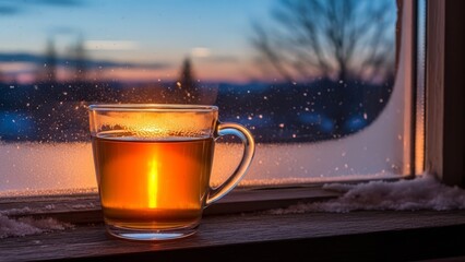 Warm tea in glass mug on snowy window sill at sunset