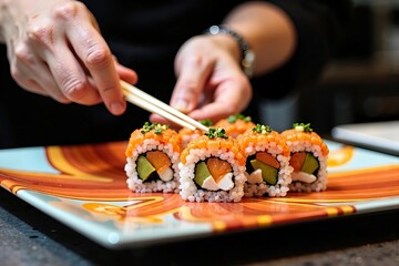 Chef creating gourmet sushi rolls on colorful, artistic plating surface in close-up view.