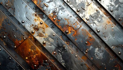 Weathered metal texture with rivets and rust for background use