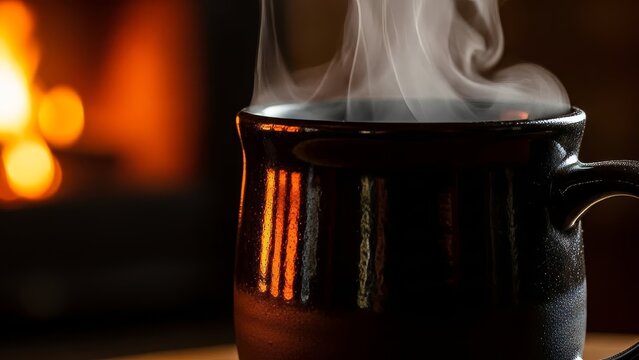 Steaming hot coffee mug by cozy fireplace on a cold day - Powered by Adobe