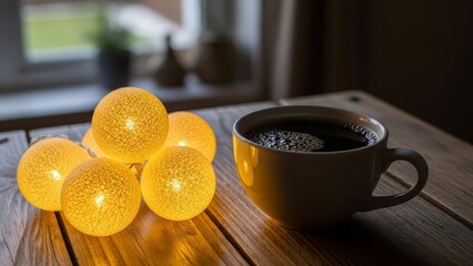Cozy morning scene with glowing orbs and cup of coffee on wooden table