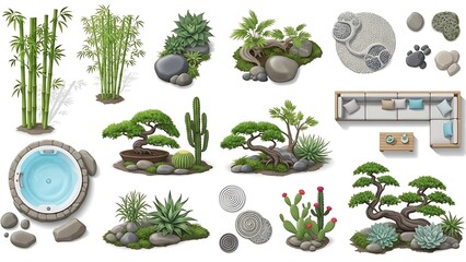 Collection of various plants and rocks for zen garden design isolated on white background