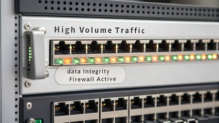 Close up of network device with active firewall and high volume traffic