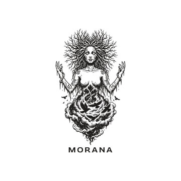 Morana slavic goddess of death and winter illustration with crows and mystical branches in woodcut style.