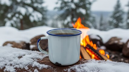 Cozy winter scene with steaming mug by snowy campfire