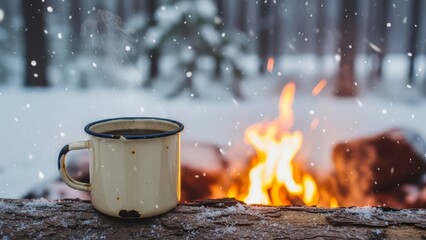 Cozy winter scene with steaming mug by warm campfire in snowy forest