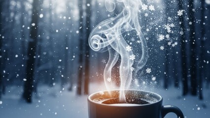 Cozy winter scene with steaming cup of coffee on snowy day