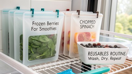 Reusable silicone food storage bags organizing frozen berries and chopped spinach