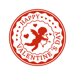 Red round seal stamp with Cupid for Happy Valentine's Day. Isolated on white background. Vector illustration.