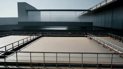Large industrial water treatment tank with sedimentation basin and metal railings