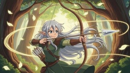Elf archer aiming bow in forest