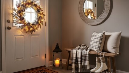 Cozy winter entryway with illuminated Christmas wreath and warm decor