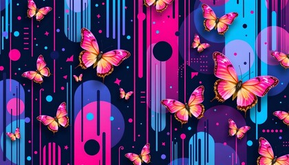 Vibrant Digital Artwork with Flying Butterflies and Abstract Background