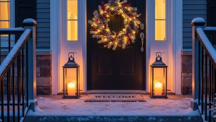 Cozy snow-covered home with festive Christmas wreath and warm lanterns on the porch