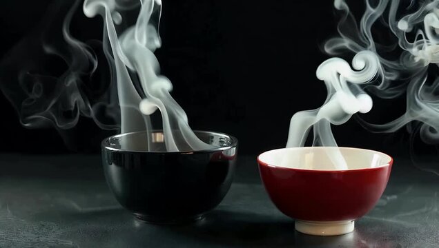 Cinematic 4K food atmosphere shot of steaming miso soup with smoke vapor rising gracefully from black red white bowl against dark 