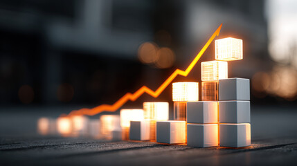 Business growth analytics with glowing upward arrow stacked blocks financial success data strategy corporate presentation background