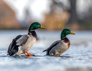Two Mallard Ducks Standing in Shallow Water on a Sunny Day.