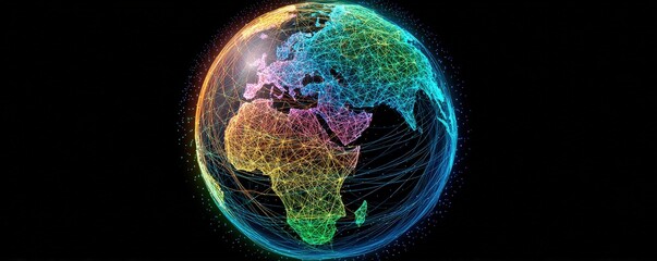 A vibrant, digital representation of the Earth with colorful network lines showing connections across continents against a dark background.