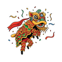 A vibrant cartoon dragon with colorful ribbons and confetti in a lively celebration scene against a clean white background.