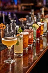 Fototapeta premium Assortment of vibrant alcoholic cocktails lined up on a glossy wooden bar counter, ready for a night out