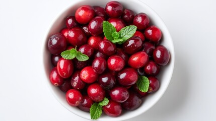 Closeup of vibrant red cranberries and fresh mint sprigs in a white ceramic bowl against a bright white background with space for text