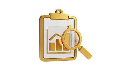 Golden Clipboard with Graph and Magnifying Glass Icon