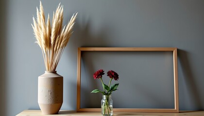 Serene Indoor Arrangement with Dried Grasses and Red Flowers