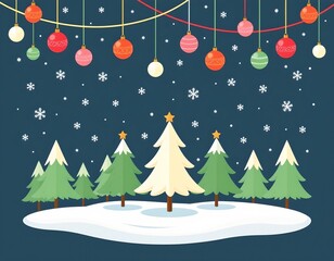 Festive Winter Scene with Floating Pine Trees and Holiday Decor