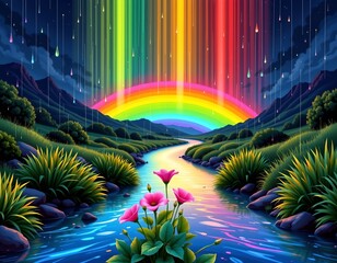 Nighttime River Scene with Rainbow and Falling Raindrops